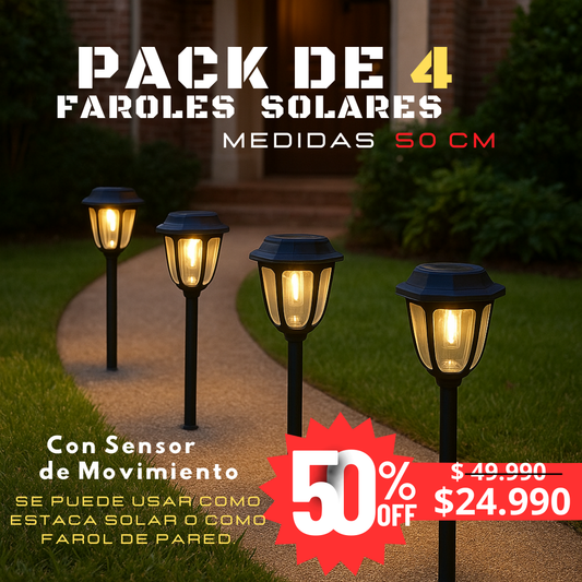 PACK de 4 Faroles Solares 2 en 1 con Estaca de 50 Cm